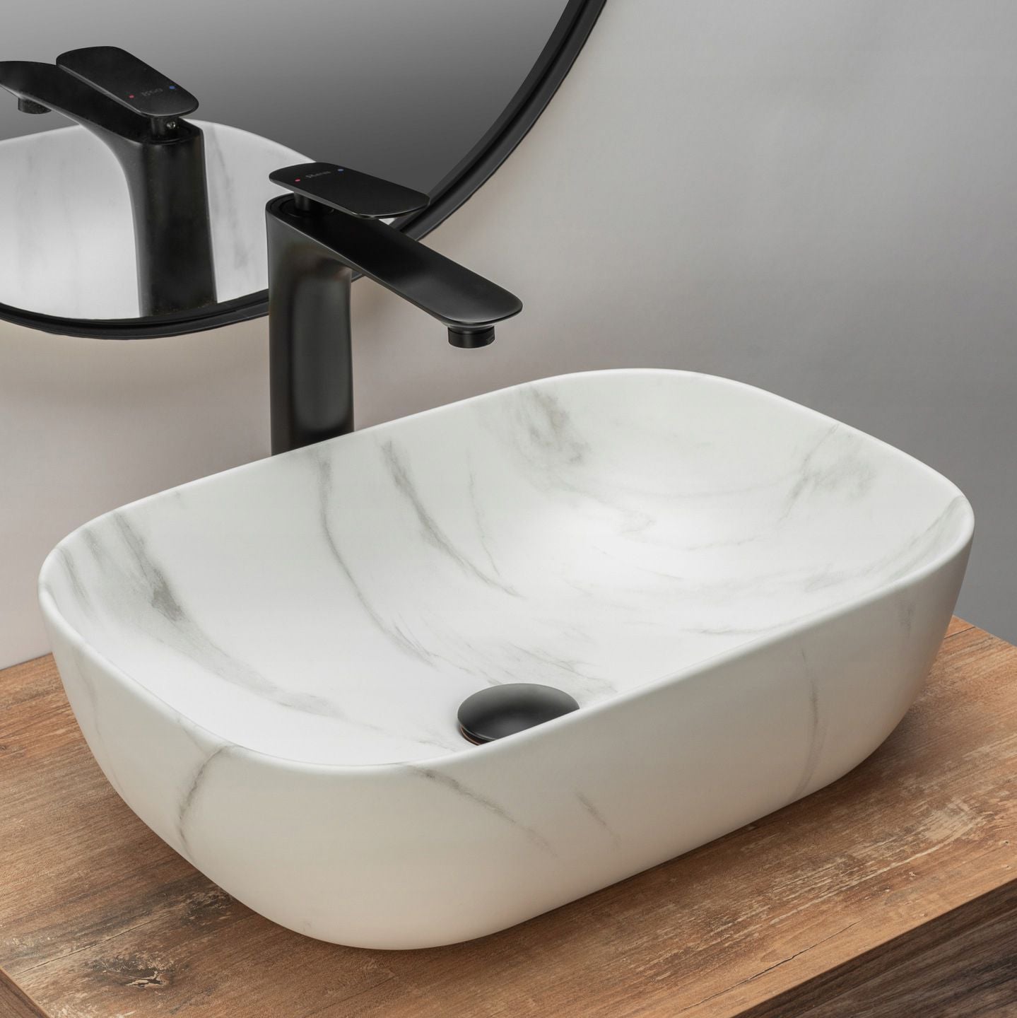 Zestaw Belinda marble mat + bateria wysoka Mayson black mat+ korek uniwersalny czarny matowy