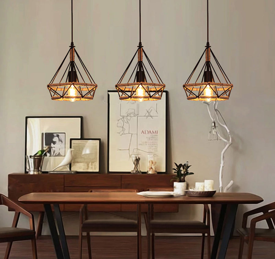 Lampa sufitowa geometryczna wisząca w stylu loft boho sznur APP678-1CP
