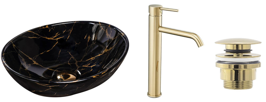 Zestaw Sofia black marble + bateria wysoka Lungo gold + korek uniwersalny złoty