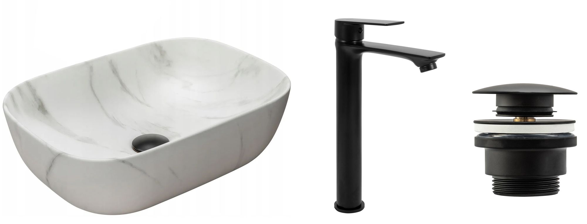 Zestaw Belinda marble mat + bateria wysoka Mayson black mat+ korek uniwersalny czarny matowy